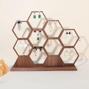 GemeShou hexagonal jewelry earring display stands for selling, wooden necklace jewelry organizer hanging, walnut earring hanger dangle holder for show, home decor【Jewelry shelf-Hexagon】