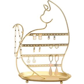 NIKKY HOME Cat Earring Holder Hanging Organizer Stand Metal Jewelry Tree Table Top Ear Stud Holder Tower Rack with Ring Tray and Hook for Girls (56 Holes), Gold