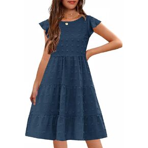 Hosika Girls Summer لطيف سويسري نقطة الرفرفة الأكمام بوهو خط الأرجوحة ثوب العطلات غير الرسمية لمدة 6-12 سنة in Kuwait