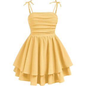SHENHE Girl's Summer Smocked Ruched A Line Layered Ruffle Flowy Tie Bow Cute Cami Dress