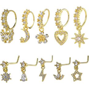10 Pcs Dangle Nose Ring Hoop 20g Cz Flower Star Moon Butterfly Crown Nose Rings with Charm L Shaped Dangling Nose Stud Cute Nose Indian Piercing Jewelry Cartilage Earring For Women