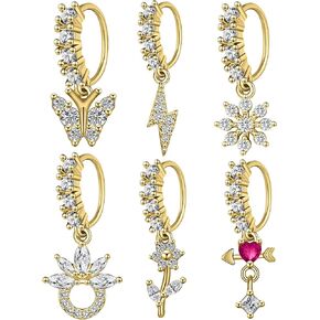 Dangle Nose Rings Hoops for Women 20G Nose Piercing Jewelry Set Copper Hypoallergenic Cartilage Earrings with CZ Flower Leaf Star Butterfly Design Septum Daith Tragus Helix Lip Piercing