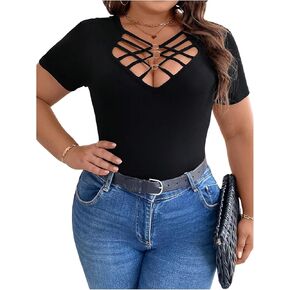 SweatyRocks Women's Plus Size Cut Out Crisscross Short Sleeve Tee Shirt Bodysuit Tops