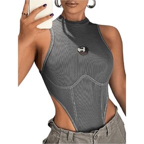 SweatyRocks Women's ICON Letter Patched Detail Sleeveless Body Suits High Cut Skinny Tank Bodysuit