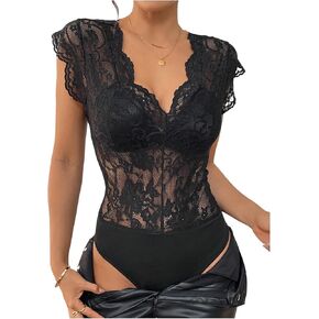 MakeMeChic Women's Floral Lace Sheer Bodysuit Deep V Neck Cap Sleeve Scallop Leotard Tops