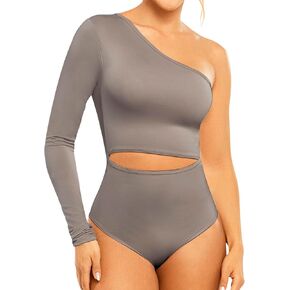 Ladyslim Colombian One-Shoulder Long Sleeve Bodysuit Top for Curvy Women - Chic and Stylish Bodycon Fit Tank Body Suit