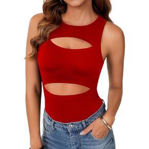 LYANER Women's Sleeveless Bodysuits Sexy Cut Out Front Body Suits Stretchy Tank Leotards Tops