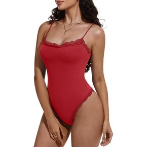 REORIA 2025 Lace Bodysuit for Women Square Neck Sleeveless Spaghetti Strap Sexy Tank Top Thong Bodysuit Going Out