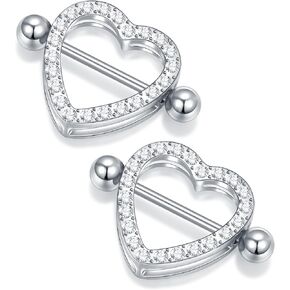 Oveta Heart Nipple Rings Surgical Steel 14G, Cute Internally Threaded Nipple Piercing Jewelry Barbells 14mm for Women, Silver, 2PCS