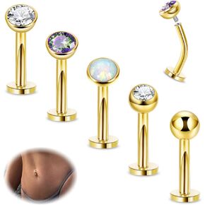 5pcs 316l من الفولاذ المقاوم للصدأ ، حلقات زر البطن العائمة للنساء 14g Petite Flat Flat CZ خواتم البطن Hypoallergenic صغير أوبال ملولبة داخليًا على السرة ، 6-16 ملم