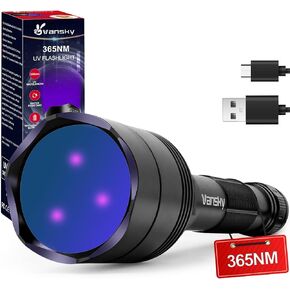 مصباح يدوي Vansky 365nm Black Light: مصابيح كاشفة للأشعة فوق البنفسجية قابلة لإعادة الشحن مع 3 مصابيح LED - كاشف بول الحيوانات الأليفة - كشف تسرب التيار المتردد وصيد الصخور