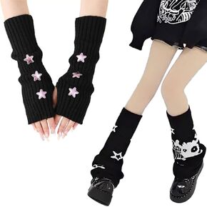 2 Pair Star Arm Warmers Y2k and Leg Warmers Y2k, Cute Black Arm Warmers Women, Harajuku Accessories, Black Japanese Clothes Style Fsahion Fingerless Cute Gloves for Girls