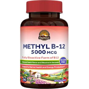 VITALITOWN Vitamin B12 (Methyl B12) 5000 mcg, Fully Bioactive Form, Support Energy Production, Natural Peach Flavor, Zero Sugar, 90 Fast Dissolve Tablets