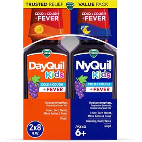 Vicks DayQuil and NyQuil Kids Grape Cold & Cough + Fever Multi-Symptom Relief Liquid Co-Pack, Specially Formulated for Kids Ages 6+, 2x8 OZ