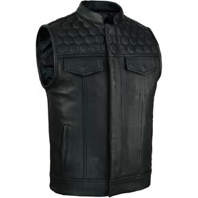 Leatherick Honeycomb SOA Style Black Genuine Leather Motorcycle Vest for Men – Concealed Carry Vest with Polyester Liner