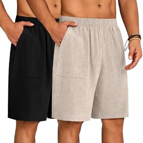 Huukeay 2 Pack Men's Linen Shorts 9" Casual Elastic Waist Drawstring Lightweight Summer Beach Vacation Bottoms with Pockets