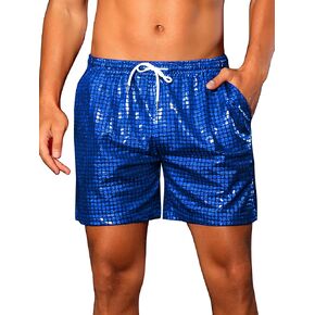 Lars Amadeus Metallic Short Pants for Men's Drawstring Elastic Waist Holographic Party Clubwear Plaid Hot Shorts