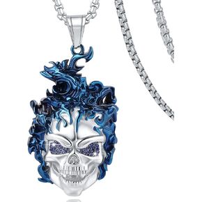 YAMI Necklace for Men, Skull Ghost Rider Large Pendant Titanium Steel, Goth Cool Flame Anime Norse Amulet Jewelry Gifts for Men