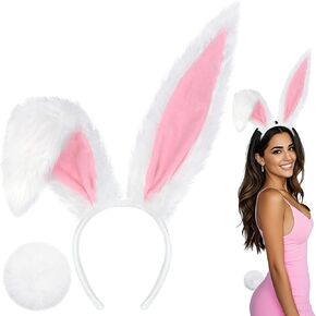 Easter Bunny Costume Adult - Easter Bunny Ears Headband and Bunny Tail Easter Accessories Set for Women, Rabbit Ears Dress Up Party Supplies (White and Pink)