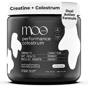 Colostrum Powder – 2000mg Grass-Fed Bovine Colostrum + 5000mg Creatine Monohydrate – Supports Gut Health, Immunity, Muscle Recovery & Energy – Non-GMO | Unflavoured 6.3oz (Performance Colostrum)