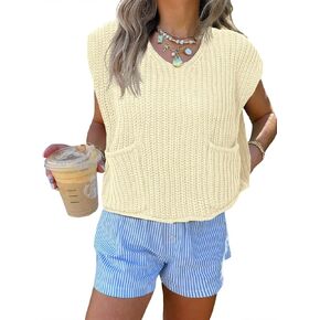 Saodimallsu Womens Summer Cap Sleeve Tops V Neck Chunky Knit Loose Knitted Top Lightweight Cropped Sweater Vest