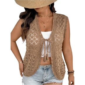 Verdusa Women's Plus Bow Tie Tie Hollow Out Sweater Steps Sheer V الرقبة الخفيفة الوزن