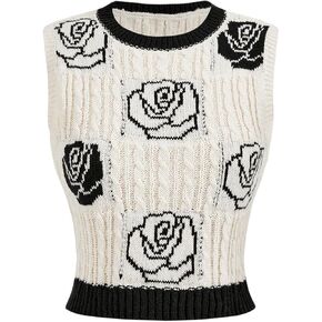 Verdusa Women's Old Money Floral Knitted Vest Casual Round Neck Sleeveless Boho Crop Tops