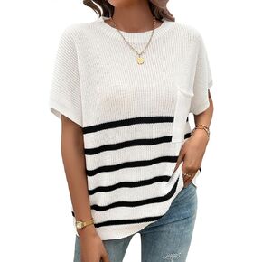 Wowcarbazole Women's Cap Sleeve Sweater Tops Crewneck Striped Casual Spring Summer Basic Knit Pullover Tee Shirt with Pocket