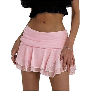 MakeMeChic Women's Tiered Layer Ruched Mesh Sheer Flared Ruffle Hem Summer Y2K Mini Skirts