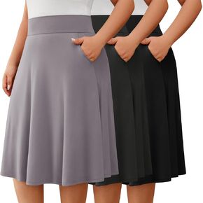 3 Pack Plus Size Skirts for Women, Knee Length Midi Casual Flowy Flared A Line Summer Work Church Skirts with Pocket