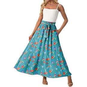 Lepunuo Womens Maxi Skirts Casual Boho Elastic High Waisted Flowy Long Skirts Trendy Floral Cute Skirts with Pockets
