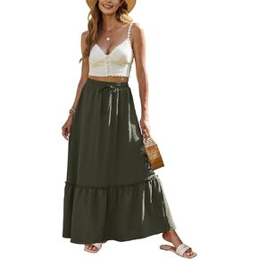 Bluetime Women Flowy Long Skirt Summer Pleated Elastic High Waisted Casual Tiered Maxi Skirt