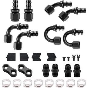 6AN قفل دفع Barb Barb Barb Hose Kit 0/45/90/180 مع 37 درجة محولات من الذكور المضادة للتخليط ، ومشابك فاصل خرطوم ، وحماقات مفتاح وجع ، مجموعة الكل في خط الوقود المطاطي خط الوقود المطاطي