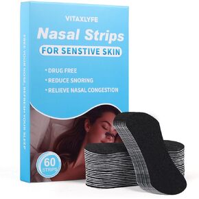 Nose Strips for Snoring (60 Strips) - Extra Strength Nose Strips for Sleeping, Athletic Nasal Strips for Breathing, Oil & Sweat Proof Adhesive, Universal Fit, Black