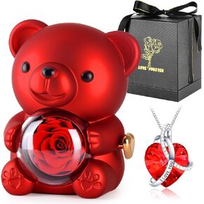 Suturun Cute Teddy Bear with Preserved Rose,Eternal Flowers Rotating Rose Box with Necklace Romantic Gift for Her in Valentine's Day, Mother's Day,Weddings,Anniversaries,and Bridal Showers