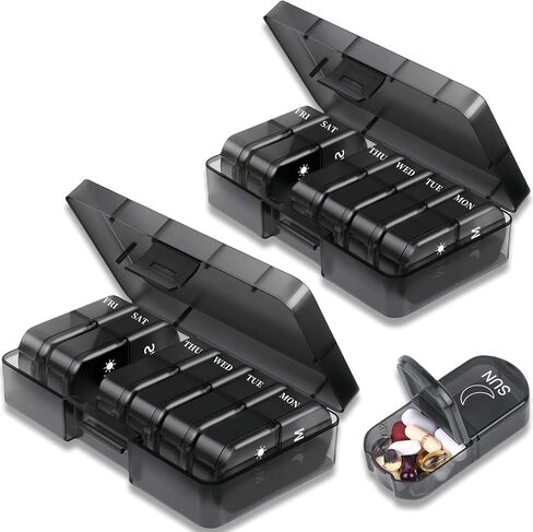 2 Pack Weekly Pill Boxes and Organizer 2 Times a Day, Portable Travel 2 Week 14 Day Morning and Night Pill Dispenser, Black Large Daily Am Pm Pill Organizer 7 Day for Vitamin in Saudi Arabia