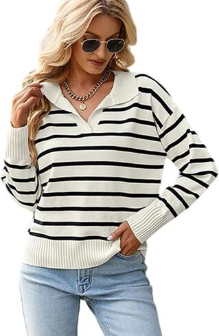 Women Striped Sweater Polo V Neck Long Sleeve Loose Sweater Knit Pullover Jumper Tops in Saudi Arabia