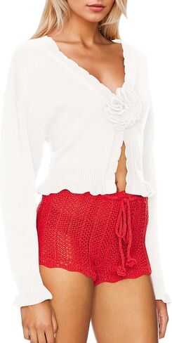 Meladyan Women’s Vintage Flower Slit Sweater Top Sexy Deep V Neck Knit Crop Tops Long Sleeve Y2K Fall Winter Going Out Top in Saudi Arabia