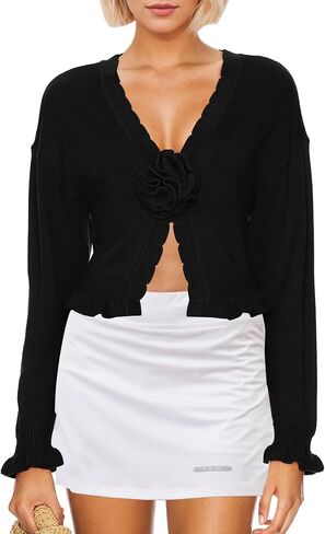 Meladyan Women’s Vintage Flower Slit Sweater Top Sexy Deep V Neck Knit Crop Tops Long Sleeve Y2K Fall Winter Going Out Top in Saudi Arabia
