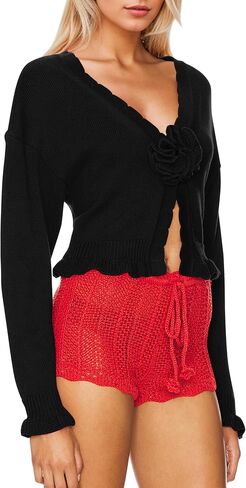 Meladyan Women’s Vintage Flower Slit Sweater Top Sexy Deep V Neck Knit Crop Tops Long Sleeve Y2K Fall Winter Going Out Top in Saudi Arabia