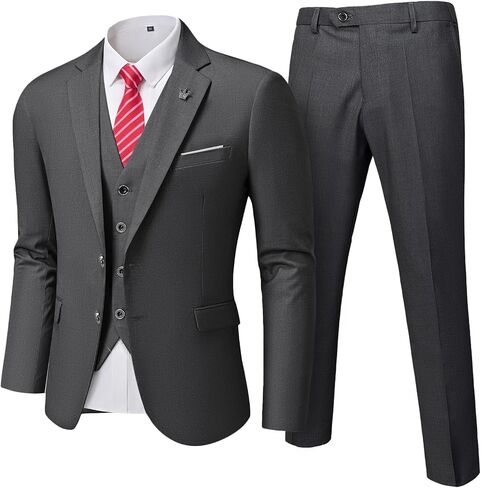 MrSure Men's 3 Pieces Suit, Solid Slim Fit Two Buttons Blazer Set, Jacket Vest Pants with Tie for Wedding Party Business in Saudi Arabia