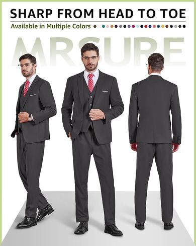 MrSure Men's 3 Pieces Suit, Solid Slim Fit Two Buttons Blazer Set, Jacket Vest Pants with Tie for Wedding Party Business in Saudi Arabia
