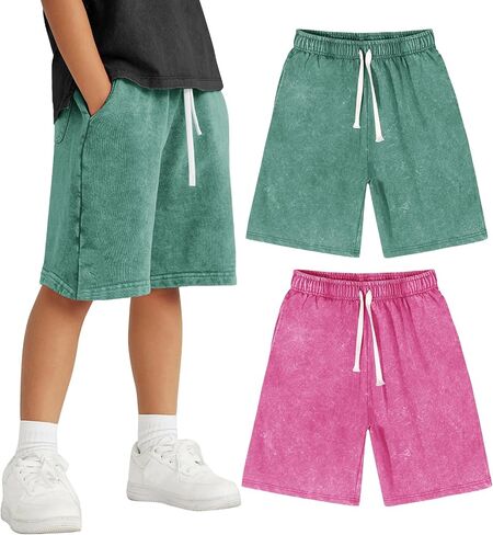Flygo 2 Pack Boys Girls Cotton Shorts Acid Washed Active Pull On Jogger Shorts Kids Casual Athletic Loose Fit 5-14Y in Saudi Arabia