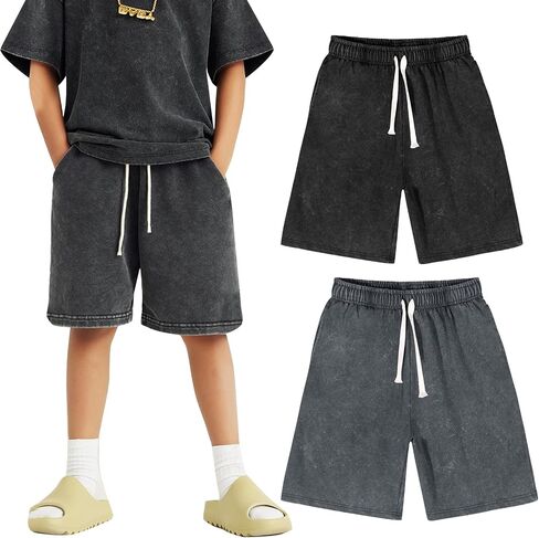 Flygo 2 Pack Boys Girls Cotton Shorts Acid Washed Active Pull On Jogger Shorts Kids Casual Athletic Loose Fit 5-14Y in Saudi Arabia
