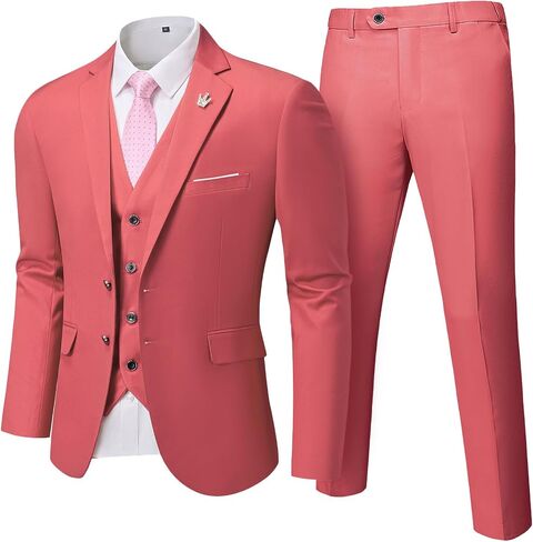 MrSure Men's 3 Pieces Suit, Solid Slim Fit Two Buttons Blazer Set, Jacket Vest Pants with Tie for Wedding Party Business in Saudi Arabia