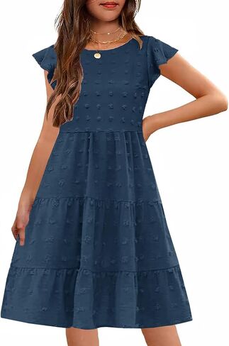 Hosika Girls Summer لطيف سويسري نقطة الرفرفة الأكمام بوهو خط الأرجوحة ثوب العطلات غير الرسمية لمدة 6-12 سنة in Kuwait