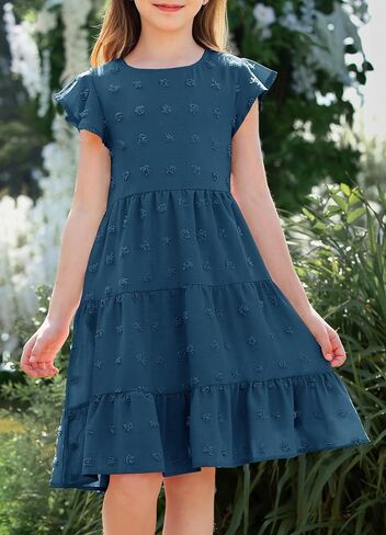 Hosika Girls Summer لطيف سويسري نقطة الرفرفة الأكمام بوهو خط الأرجوحة ثوب العطلات غير الرسمية لمدة 6-12 سنة in Kuwait