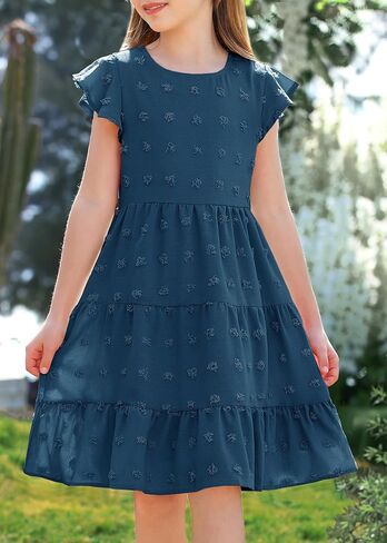 Hosika Girls Summer لطيف سويسري نقطة الرفرفة الأكمام بوهو خط الأرجوحة ثوب العطلات غير الرسمية لمدة 6-12 سنة in Kuwait