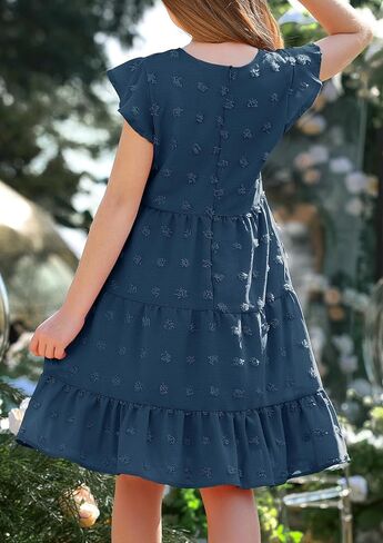 Hosika Girls Summer لطيف سويسري نقطة الرفرفة الأكمام بوهو خط الأرجوحة ثوب العطلات غير الرسمية لمدة 6-12 سنة in Kuwait