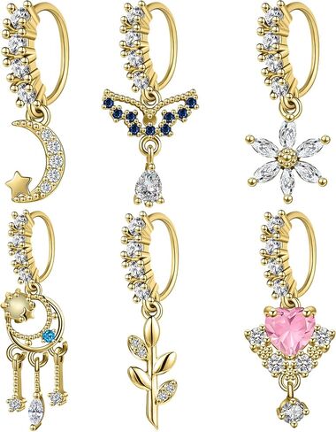 Dangle Nose Rings Hoops for Women 20G Nose Piercing Jewelry Set Copper Hypoallergenic Cartilage Earrings with CZ Flower Leaf Star Butterfly Design Septum Daith Tragus Helix Lip Piercing in Saudi Arabia